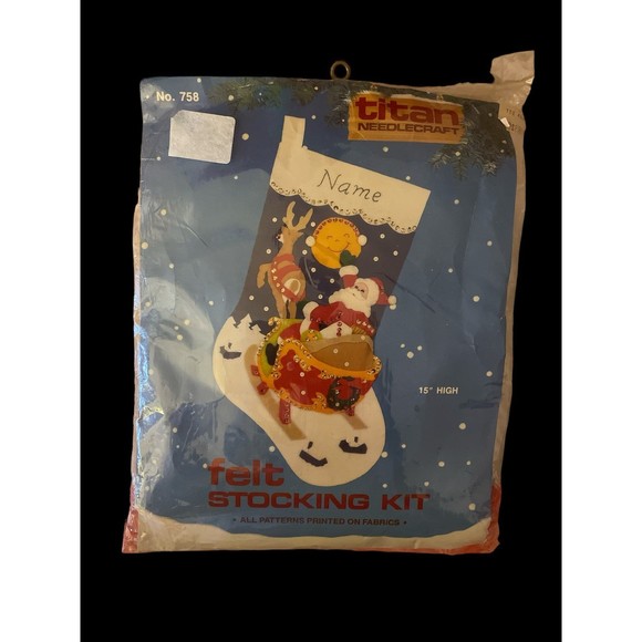 Vintage 1990 Titan Needlecraft Christmas Felt Stocking Santa Sleigh Kit #758 NOS - Picture 1 of 3